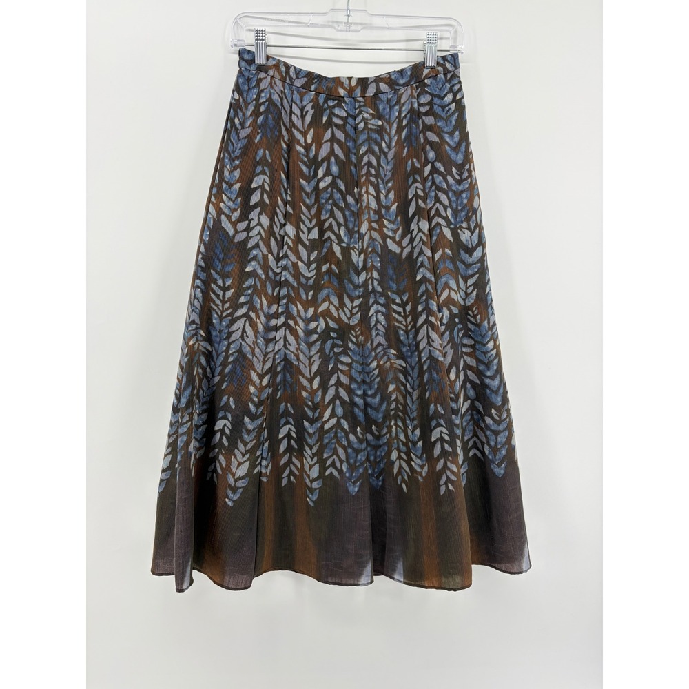 Coldwater Creek Brown Blue Leaf Print A-Line Midi Skirt Size XS 4 Ribbed Texture